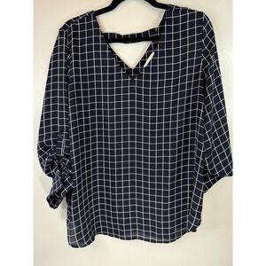Loft Navy& White Windowpane Blouse With Slight Open Back Size L